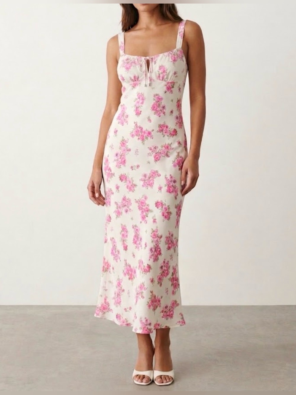 NWT The Workshop Studio Cream Pink Floral Maxi Dress Lace Trim Tie Front Size M